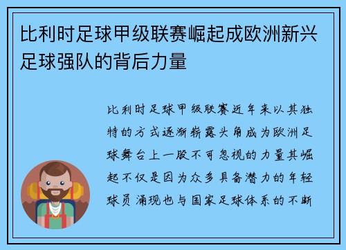 比利时足球甲级联赛崛起成欧洲新兴足球强队的背后力量